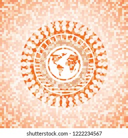 earth icon inside abstract orange mosaic emblem with background