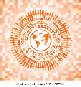 earth icon inside abstract orange mosaic emblem with background