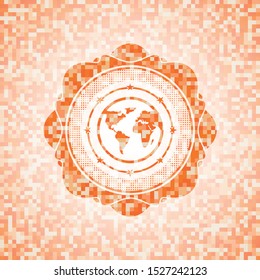 earth icon inside abstract orange mosaic emblem with background