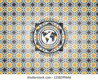 earth icon inside arabesque emblem background. arabic decoration.