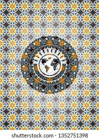 earth icon inside arabesque emblem background. arabic decoration.