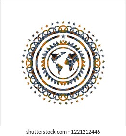 earth icon inside arabesque style emblem. arabic decoration.