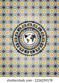 earth icon inside arabesque style badge. arabic decoration.
