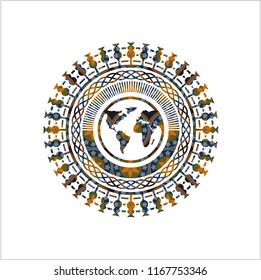 earth icon inside arabic badge. Arabesque decoration.