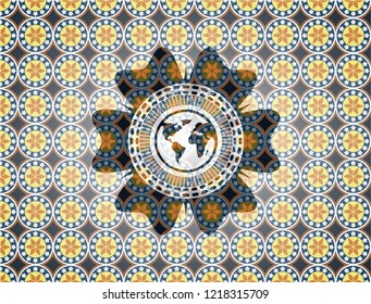 earth icon inside arabic emblem. Arabesque decoration.