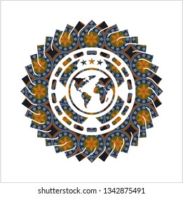 earth icon inside arabic emblem. Arabesque decoration.