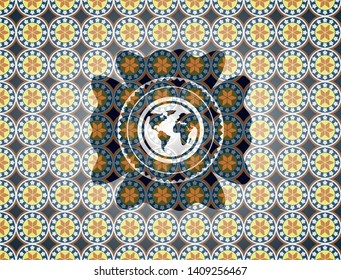 earth icon inside arabic emblem background. Arabesque decoration.