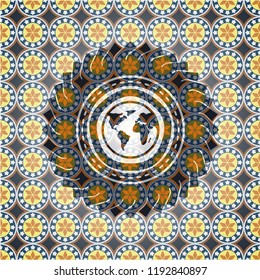 earth icon inside arabic style badge. Arabesque decoration.
