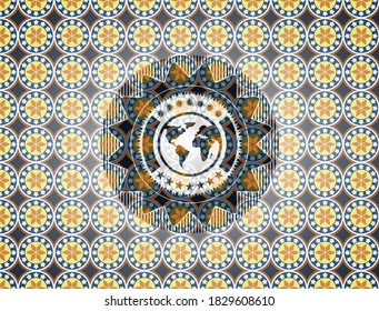 earth icon inside arabic style badge. Arabesque decoration. 