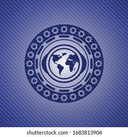 earth icon inside badge with jean texture
