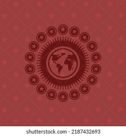 earth icon inside badge with red background. 
