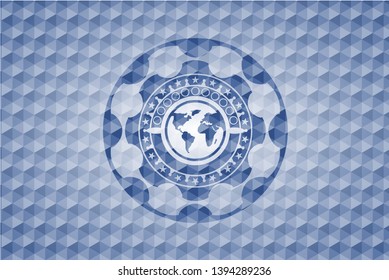 earth icon inside blue badge with geometric pattern background.
