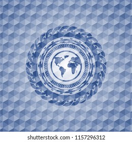 earth icon inside blue emblem with geometric background.