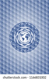 earth icon inside blue emblem with geometric background.
