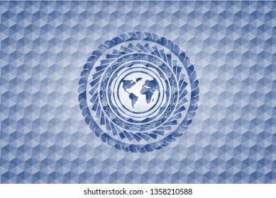 earth icon inside blue emblem with geometric background.
