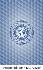 earth icon inside blue emblem with geometric pattern background.