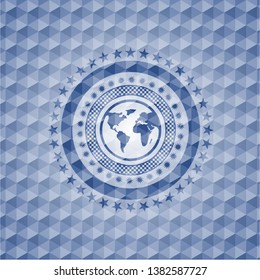 earth icon inside blue polygonal badge.