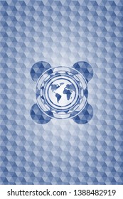 earth icon inside blue polygonal badge.
