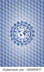 earth icon inside blue polygonal badge.