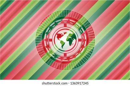 earth icon inside christmas colors badge.