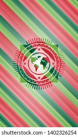 earth icon inside christmas colors emblem.