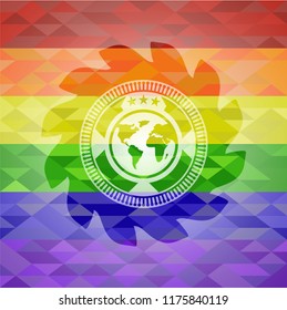 earth icon inside emblem on mosaic background with the colors of the LGBT flag