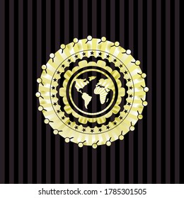 earth icon inside gold emblem. 