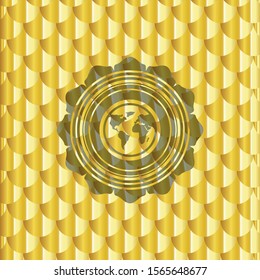 earth icon inside gold shiny badge. Scales pattern. Vector Illustration. Detailed.