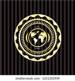 earth icon inside golden badge or emblem