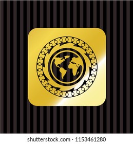 earth icon inside golden emblem or badge