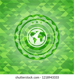earth icon inside green emblem with mosaic ecological style background