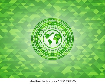 earth icon inside green emblem with mosaic ecological style background