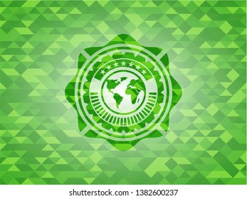 earth icon inside green emblem with mosaic background