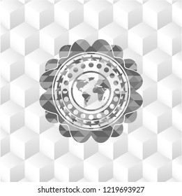 earth icon inside grey badge with geometric cube white background