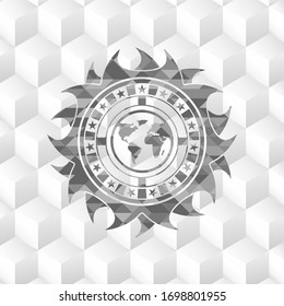 earth icon inside grey badge with geometric cube white background