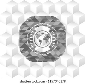 earth icon inside grey emblem. Vintage with geometric cube white background