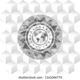 earth icon inside grey emblem with geometric cube white background