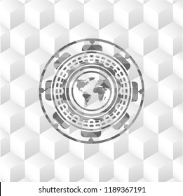 earth icon inside grey icon or emblem with geometric cube white background