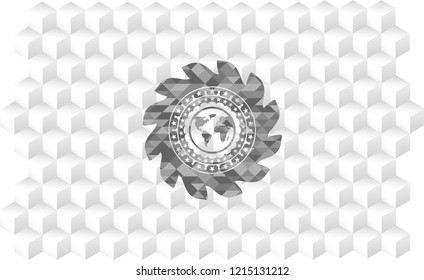 earth icon inside grey emblem. Retro with geometric cube white background