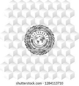earth icon inside grey emblem with geometric cube white background