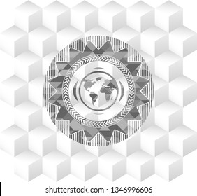 earth icon inside grey emblem. Vintage with geometric cube white background