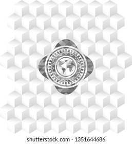 earth icon inside grey emblem. Vintage with geometric cube white background