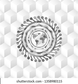 earth icon inside grey emblem. Vintage with geometric cube white background