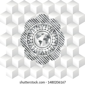 earth icon inside grey emblem. Vintage with geometric cube white background