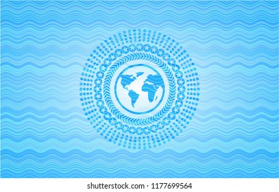 earth icon inside light blue water wave emblem background.