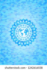 earth icon inside light blue emblem with mosaic ecological style background