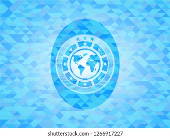 earth icon inside light blue emblem. Mosaic background