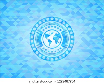 earth icon inside light blue emblem. Mosaic background