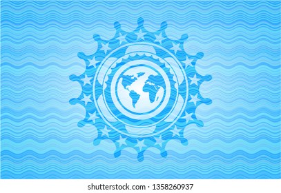 earth icon inside light blue water wave emblem.