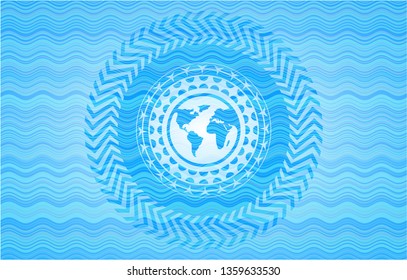 earth icon inside light blue water wave badge background.